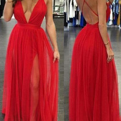 Red V Neck Backless Prom Dress, Red..