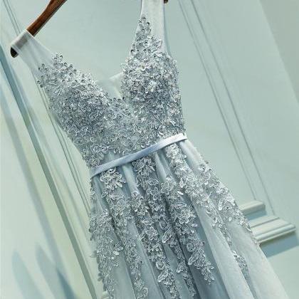 A Line Floor Length Grey Lace Prom Dress, Grey..
