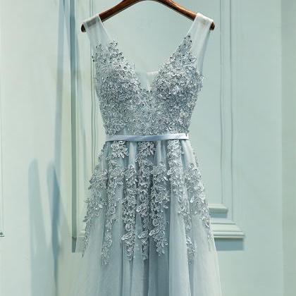 A Line Floor Length Grey Lace Prom Dress, Grey..