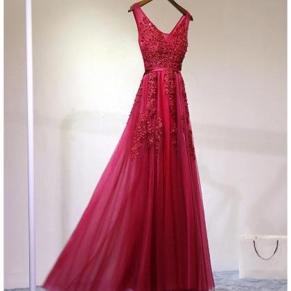 A Line Burgundy Lace Prom Dress, Burgundy Formal..
