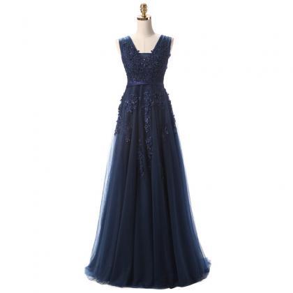 A Line Navy Blue Lace Prom Dress, L..