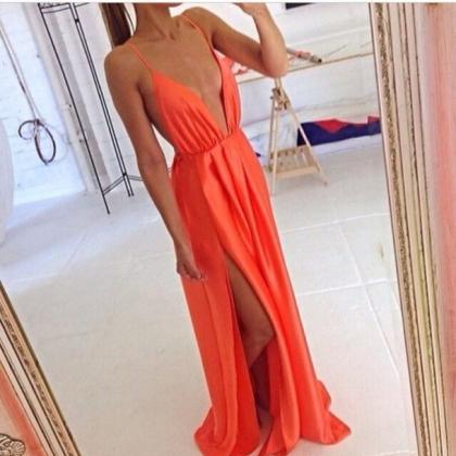 Custom Made Orange Deep V Neck Prom Dresses, Long..