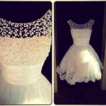 Custom Made A Line Round Neck Short Lace Prom..