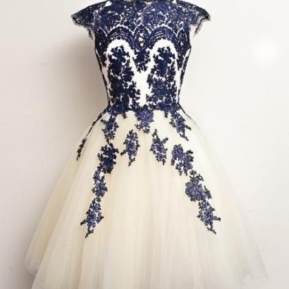 Custom Round Neck White And Blue Short Lace Prom..