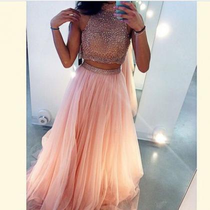 Custom Made 2 Pieces Pink Long Prom Dresses, Long..