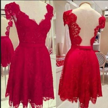 Custom Made V Neck Red Short Lace Prom Dresses,..