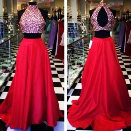 Custom Made High Neck 2 Pieces Red Long Prom..