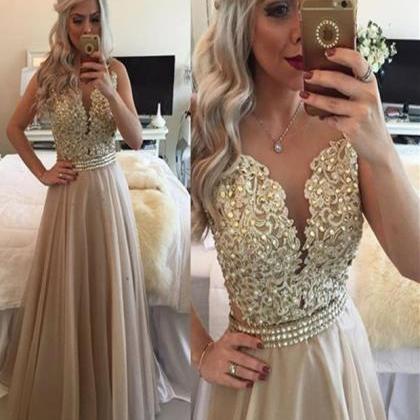 A Line Round Neck Sleeveless Long Champagne Prom..