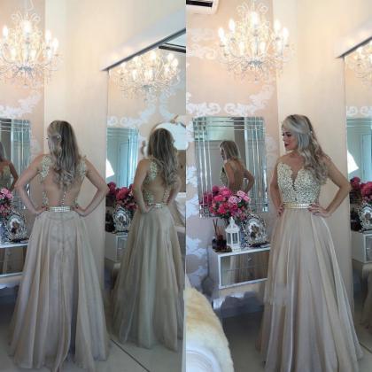 A Line Round Neck Sleeveless Long Champagne Prom..
