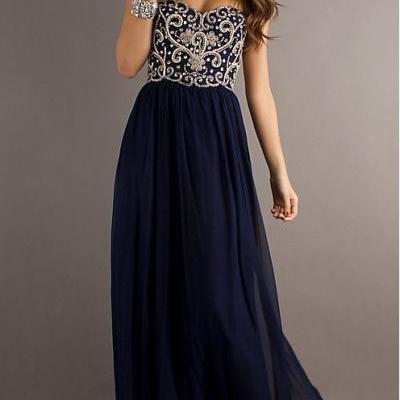 A line Navy Blue Sweetheart Chiffon Floor Length Long Prom Dress, Long Evening Dresses, Formal Dresses