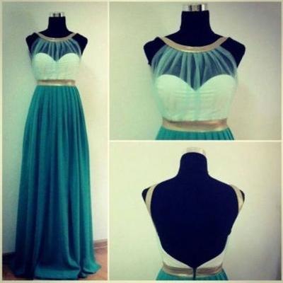 Custom Made Green And Gold Round Neckline Backless Prom Dresses, Long Prom Dresses, Dresses for Prom, Formal Dresses, Green Prom Dresses