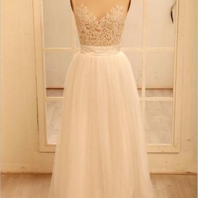 Custom Made A line Round Necklace Lace Wedding Dresses, Deep V Neck Back Dress, Ivory Dresses for Wedding