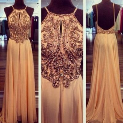Custom Made A Line Champagne Backless Chiffon Prom Dresses, Backless Bridesmaid Dresses, Wedding Party Dresses, Backless Evening Dresses