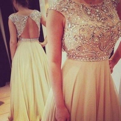 Custom Made A Line Scoop Neck Champagne Long Backless Prom Dresses 2015, Long Evening Dresses, Formal Dresses, Dresses for Prom