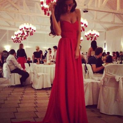 Custom Made Sweetheart Neck Red Long Prom Dresses with Train, Red Formal Dresses 2015, Red Evening Dresses
