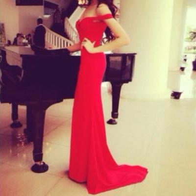 Custom Made Off Shoulder Red Long Prom Dresses with Train, Red Long Formal Dresses, Evening Dresses 2015