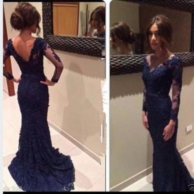 Custom Made Backless Navy Blue Lace Prom Dresses, Dresses for Prom, Navy Blue Lace Formal Dresses, Navy Blue Lace Evening Dresses