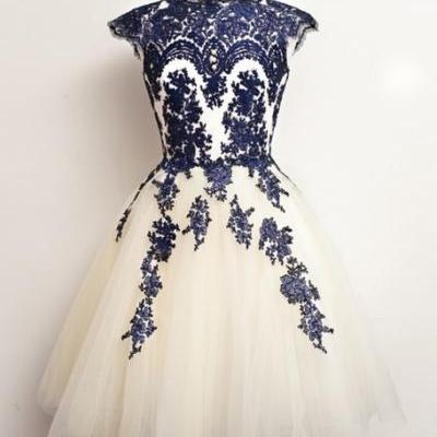 Custom Round Neck White And Blue Short Lace Prom Dresses, Short Dresses for Prom