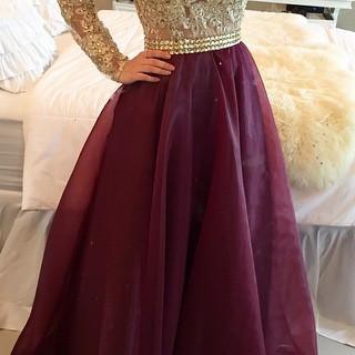 A Line Long Sleeves Maroon Prom Dress with Golden Top, Maroon And Golden Formal Dress