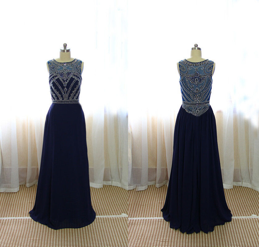 Custom Made A Line Dark Navy Blue Beaded Long Prom Dresses 2015, Formal Dresses, Navy Blue Evening Dresses, Graduation Dresses