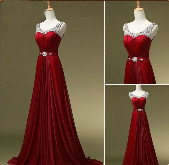 Custom Made A Line Dark Red Round Neck Long Prom Dresses, Bridesmaid Dresses, Formal Dresses, Evening Dresses
