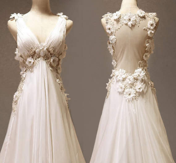 Custom Made A-line V-neck Neckline Court Train Wedding Dress/ Custom Long Wedding Dress/ Bridal Dresses 2015
