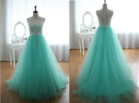 Turqoise Ball Gown Round Neckline Sweep Train Wedding Dress/ Bridal Dress/ Wedding Gown