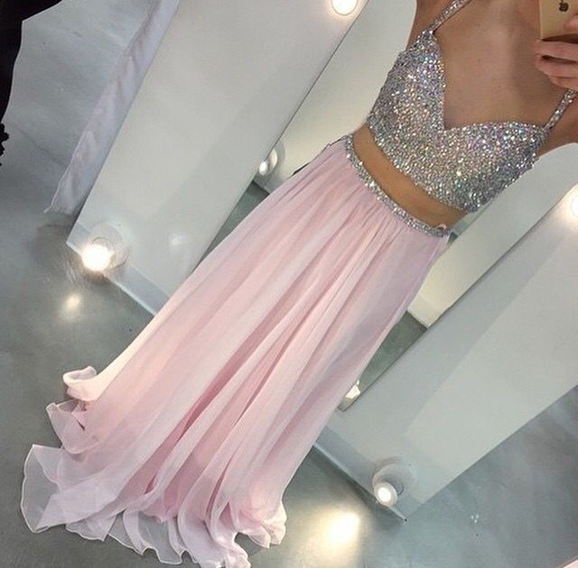 Custom Made A Line 2 Pieces Pink Prom Dresses, Dresses For Prom