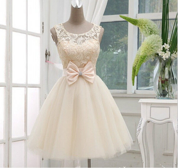 Custom Made A Line Round Neck Short Lace Prom Dresses, Short Bridesmaid Dresses