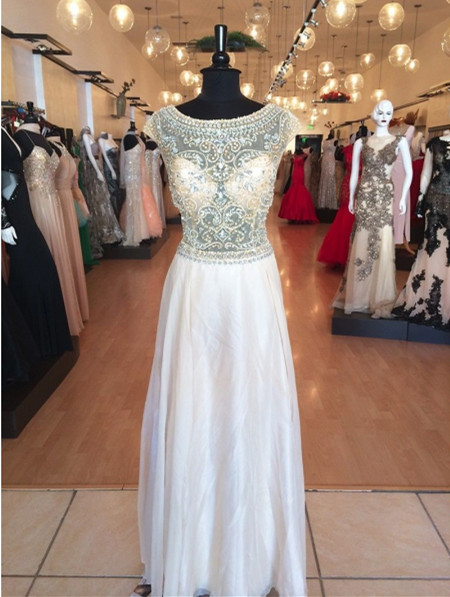 A-line Round Neck Long Sleeves Beading Prom Dresses With Split, PD0692
