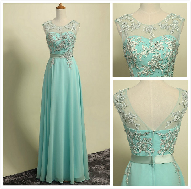 Custom Made A Line Light Blue Round Neckline Long Lace Prom Dresses, Lace Formal Dresses