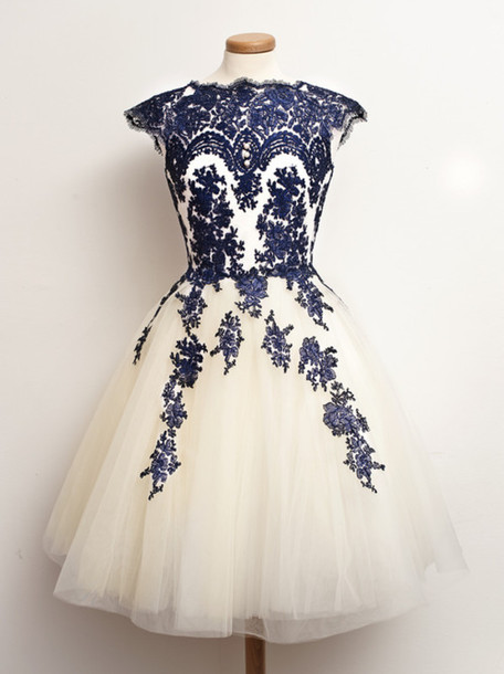 Custom Round Neck White And Blue Short Lace Prom Dresses, Short Dresses For Prom