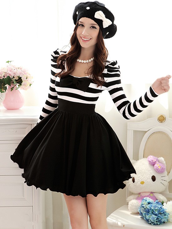 White And Black Chiffon Summer Dresses With Long Sleeves