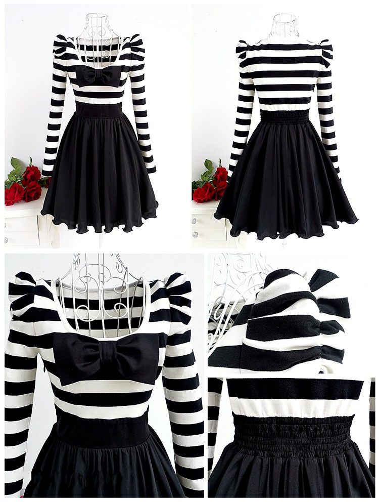 White And Black Chiffon Summer Dresses With Long Sleeves on Luulla