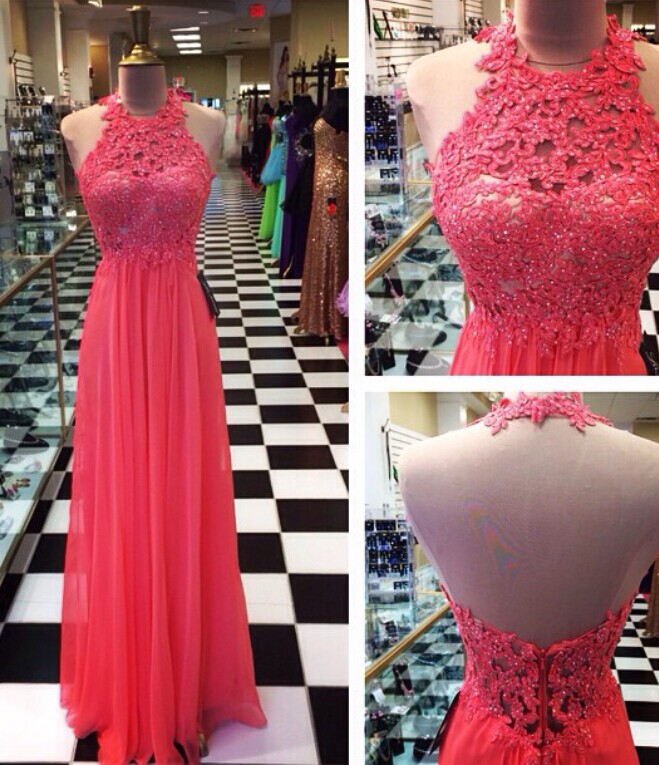 Custom Made A Line Halter Neck Floor Length Lace Prom Dresses, Dresses For Party