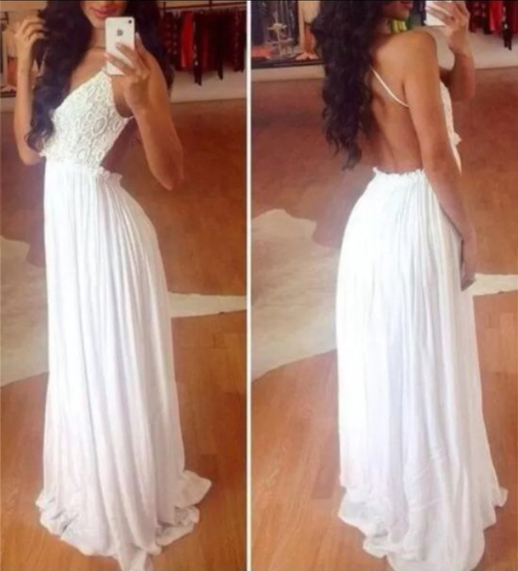 Custom Made A Line White Backless Long Prom Dresses, Party Dresses