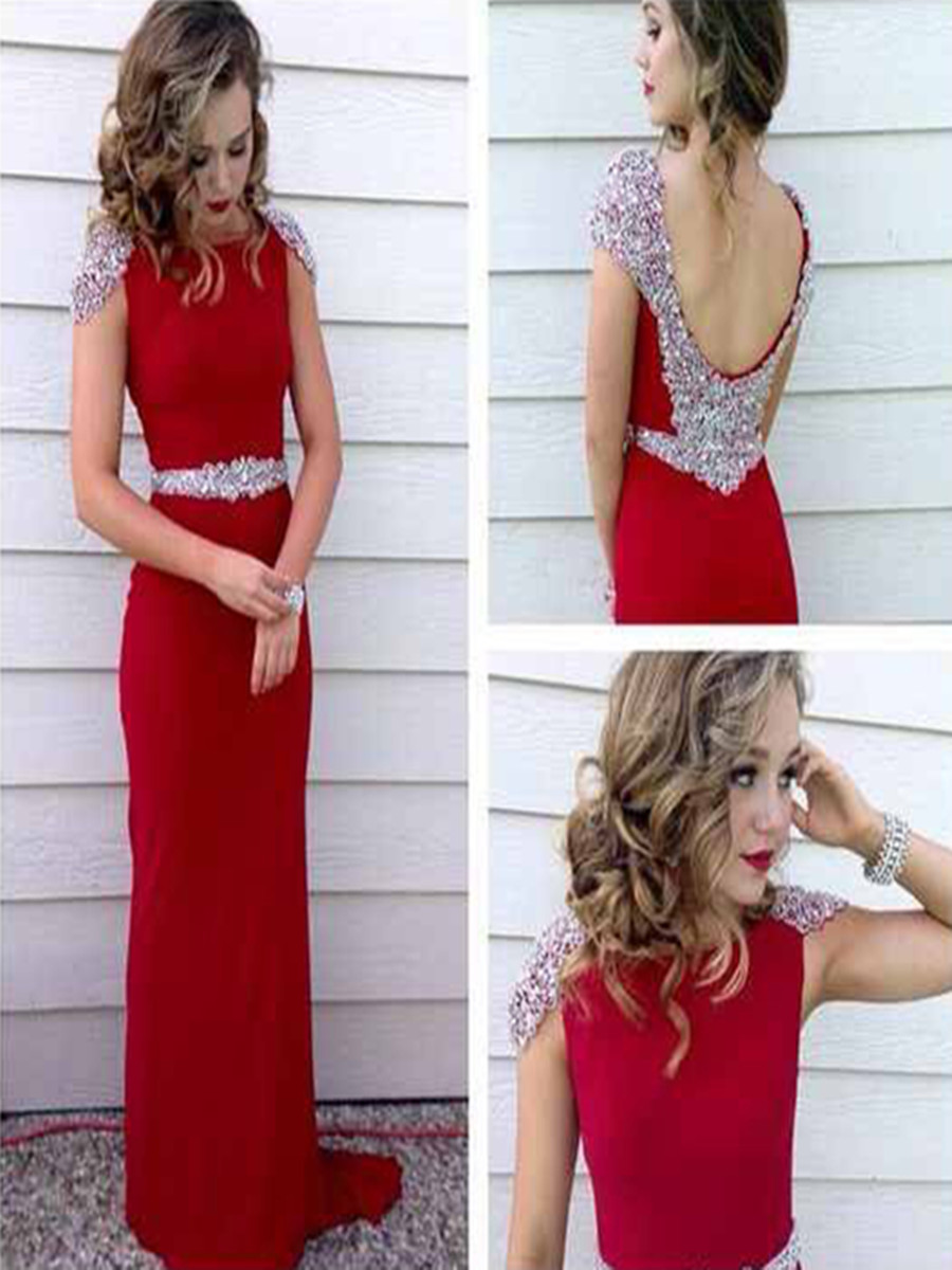Custom Made A Line Round Neck Cap Sleeves Red Long Prom Dress, Red Long Formal Dress