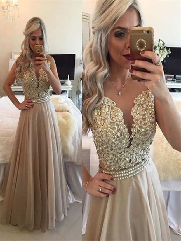 A Line Round Neck Sleeveless Long Champagne Prom Dress, Champagne Formal Dress