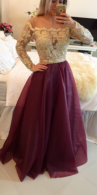 A Line Long Sleeves Maroon Prom Dress With Golden Top, Maroon And Golden Formal Dress