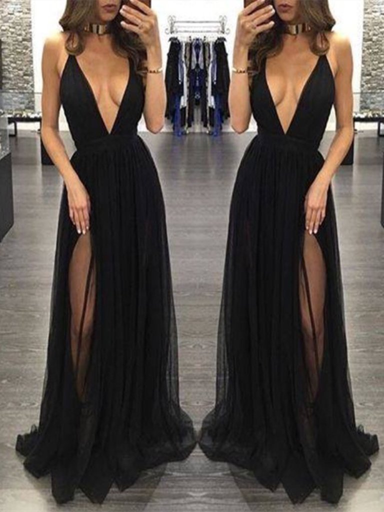 Black V Neck Prom Dresses, Black 