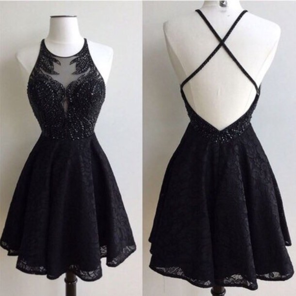 Custom Made Round Neck Short Black Backless Lace Prom Dresses, Short Black Backless Lace Formal Dresses