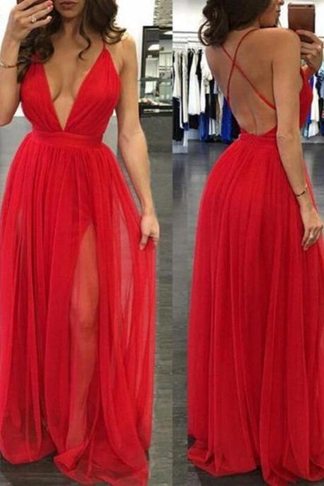 Red V Neck Backless Prom Dress, Red Backless Formal Dress,Backless Evening Dress,Red Party Dress
