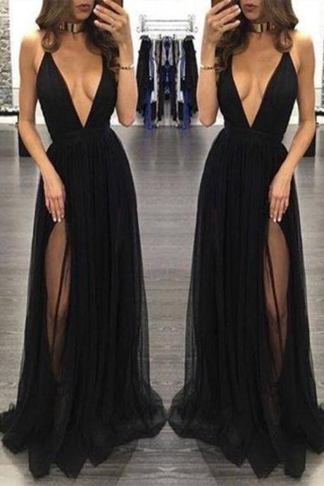 Custom Made Black V Neck Prom Dresses, Black V Neck Formal Dresses