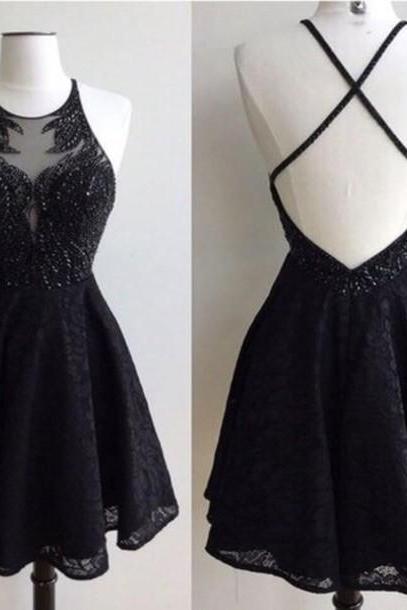 Custom Made Round Neck Short Black Backless Lace Prom Dresses, Short Black Backless Lace Formal Dresses