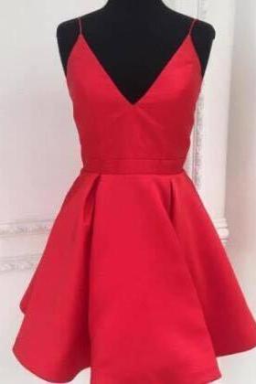 Custom Made A Line V Neck Short Red Prom Dresses, Short V Neck Homecoming Dresses, Red Graduation Dresses