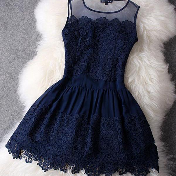 Short Navy Blue Lace Dress..