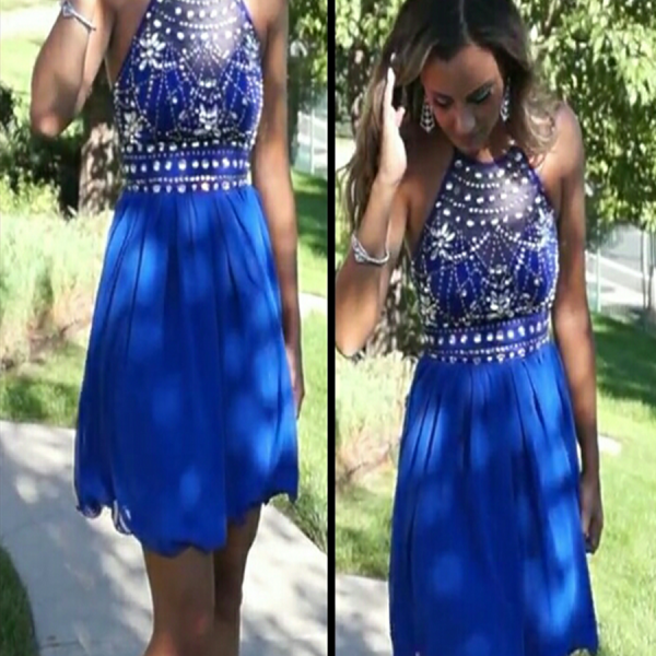 A Line Short Halter Neck Prom Dresses, A Line Short Formal Homecoming Dresses main image 1